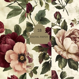 Carta digitale floreale vintage bordeaux – 18 eleganti sfondi rosa per scrapbooking, cancelleria per matrimoni e diari
