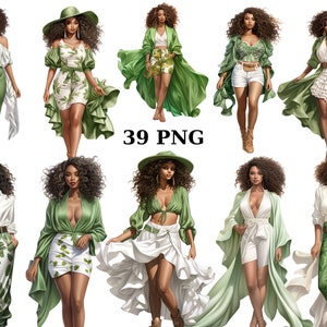 39 cliparts femmes noires mode printemps, clipart sport, femmes de couleur, images individuelles PNG sur fond transparent, sublimation