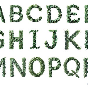 May include: The alphabet A through R, made from green leaves. Each letter is formed by twisting and arranging the leaves to create the shape of the letter.