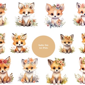 32 bébés renards aquarelle Clipart, clipart renard mignon, images individuelles PNG sur fond transparent, sublimation