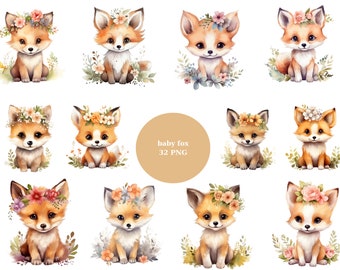 32 Baby Foxes Aquarela Clipart, Cute Fox Clipart, imagens individuais PNG em fundo transparente, sublimação