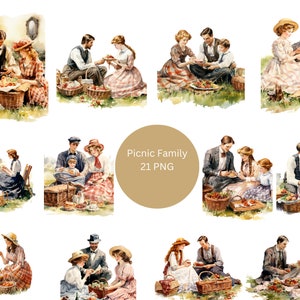 21 Viktorianische Familien Picknicks Aquarell Clipart, viktorianische Clipart, PNG einzelne Bilder auf transparentem Hintergrund, Sublimation