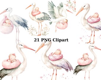 21 Storks with Baby Girl Watercolor Clipart, Animals Clipart, PNG individual images on transparent background, sublimation