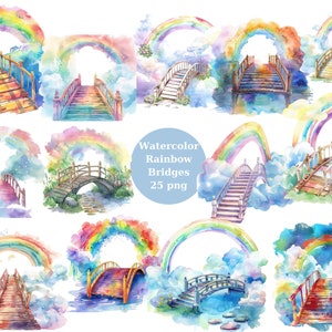 Aquarelle arc-en-ciel ponts Clipart, fichiers numériques PNG sur fond transparent, album, sublimation, usage commercial
