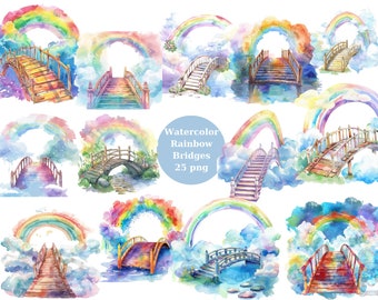 Watercolor Rainbow Bridges Clipart, PNG digital files on a transparent background, scrapbook, sublimation, commercial use