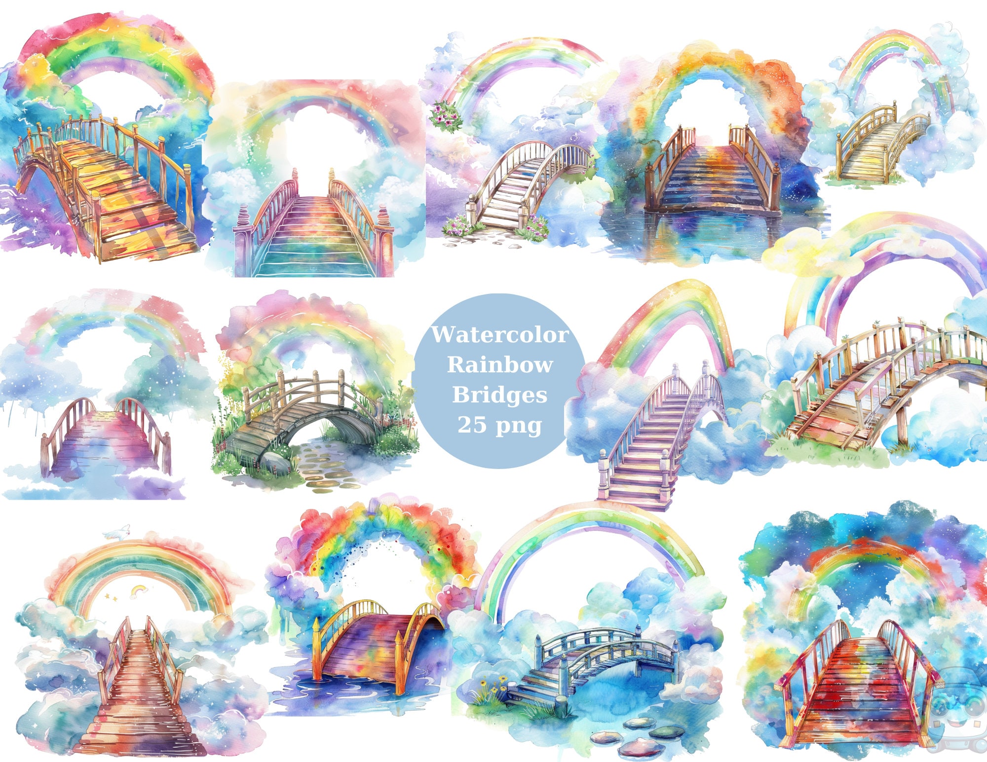 Translucent Colored Bridge Watercolor Rainbow Bridges Clipart, PNG Digital Files on a Transparent ...