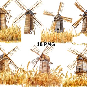 18 cliparts aquarelle de moulins à vent, images individuelles PNG sur fond transparent, sublimation