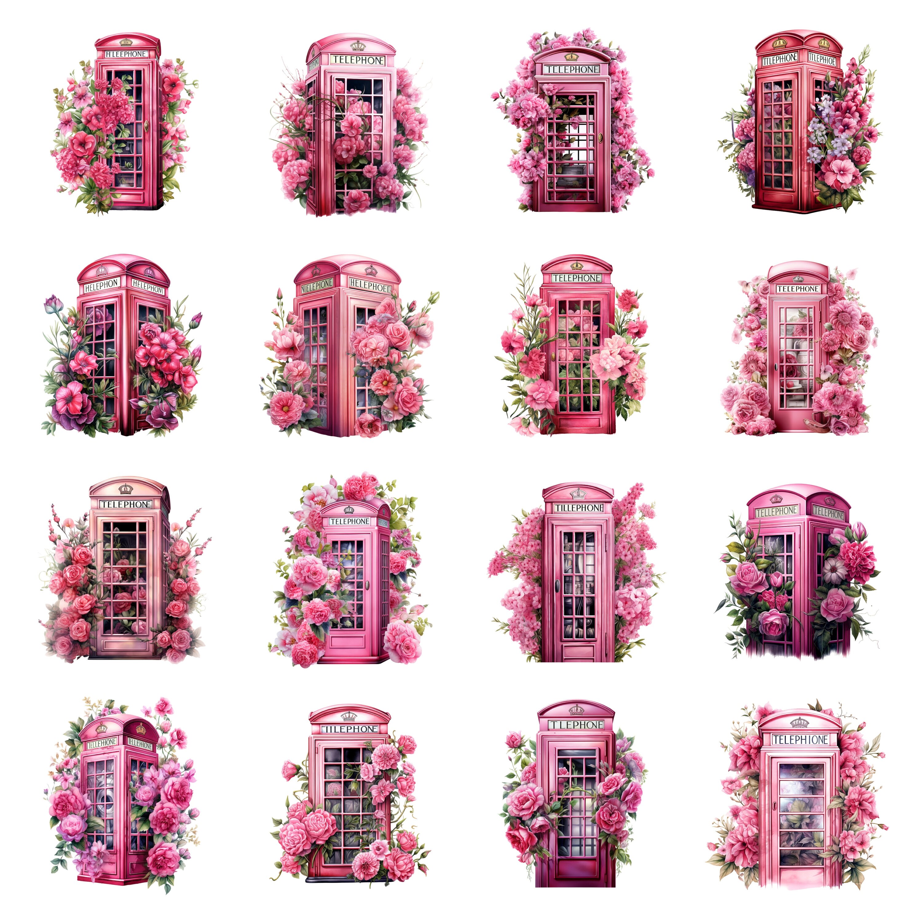 35 Watercolor Pink Telephone Box Clipart, PNG Individual Images on ...
