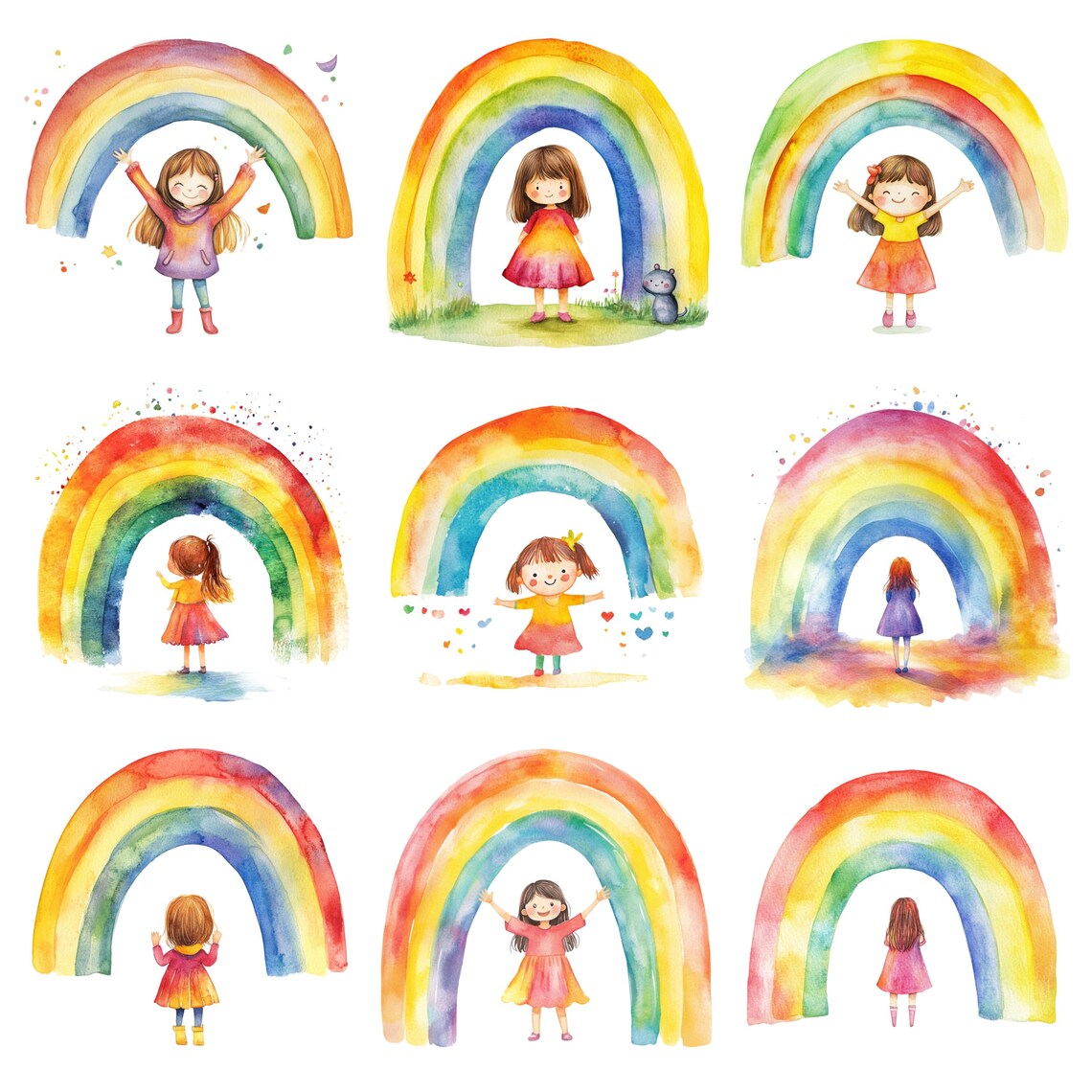 30 Girl and Rainbow Watercolor Clipart, Rainbow Clipart, PNG Individual ...
