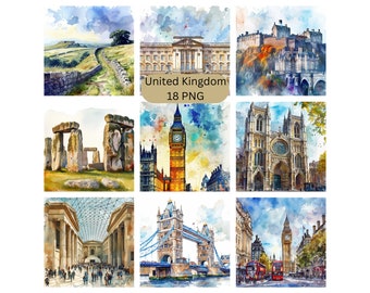 Aquarelle Royaume-Uni Clipart, images individuelles PNG sur fond transparent, sublimation, utilisation commerciale