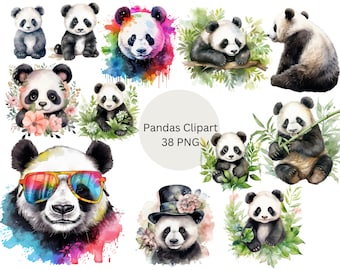 May include: A collection of 38 watercolor illustrations of pandas in various poses and settings. The pandas are depicted in a variety of colors, including black, white, and shades of gray. Some of the pandas are wearing sunglasses, hats, or holding bamboo. The illustrations are perfect for use in scrapbooking, card making, or other creative projects.