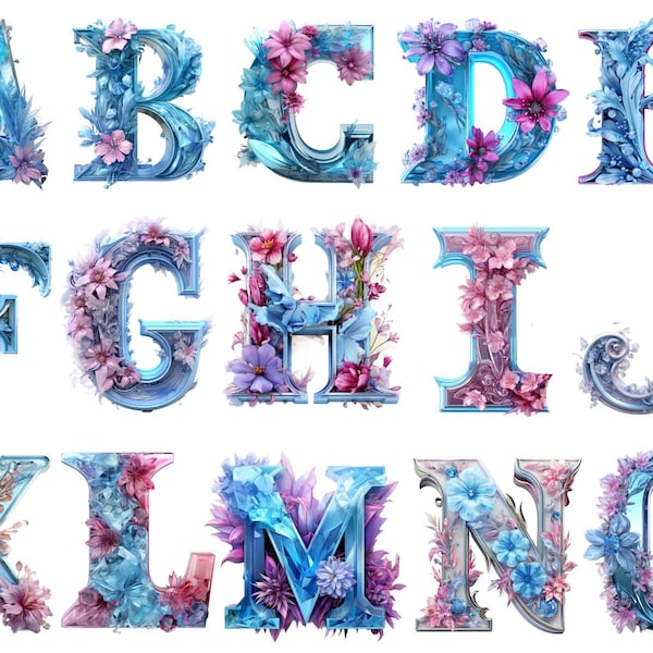 Floral Crystal Alphabet PNG fichiers numériques, fleurs, papillons, album, invitations, utilisation commerciale, téléchargement immédiat PNG