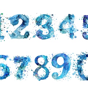 Blaue Aquarellzahlen Clipart, PNG Einzelbilder auf transparentem Hintergrund, Sublimation, kommerzielle Nutzung