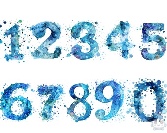 Blue Aquarelle Numbers  Clipart, PNG individual images on transparent background, sublimation, commercial use