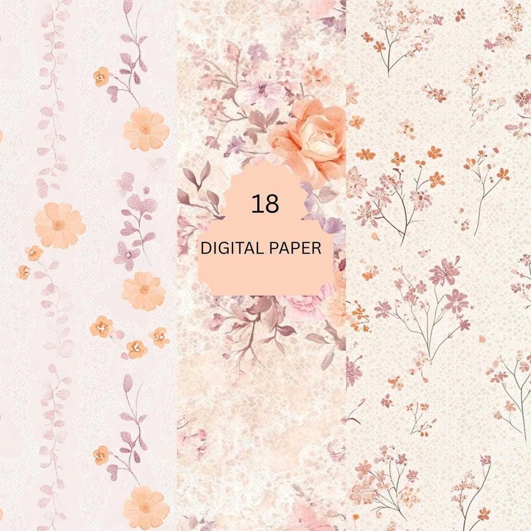 Peach and Blush Floral Digital Paper Bundle - Vintage Backgrounds for ...