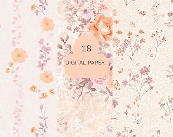 Paquete de papel digital floral en tonos melocotón y rubor: fondos vintage para scrapbooking y manualidades
