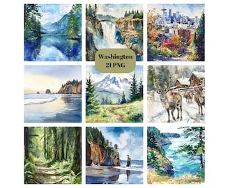 Watercolor Washington State Clipart, America Clipart, PNG individual images on transparent background, sublimation, commercial use