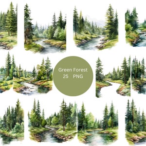 25 Imágenes prediseñadas de acuarela de bosque verde, imágenes prediseñadas de la naturaleza, imágenes individuales PNG sobre fondo transparente, sublimación
