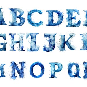 Clipart de alfabeto de poeira azul aquarela, imagens individuais PNG em fundo transparente, sublimação, uso comercial