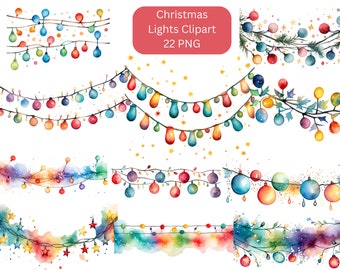 Aquarel kerstverlichting clipart, digitale PNG-bestanden op transparante achtergrond, sublimatie, commercieel gebruik