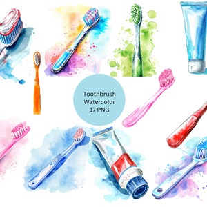 Aquarell Zahnbürste Clipart, PNG Einzelbilder auf transparentem Hintergrund, Sublimation, kommerzielle Nutzung