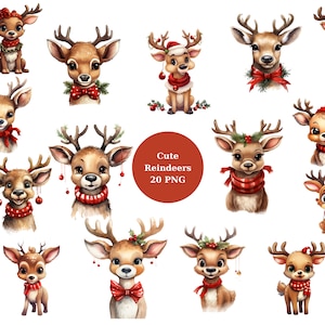 20 Cute Reindeers Watercolor Clipart, Christmas Clipart, PNG individual images on transparent background, sublimation, commercial use
