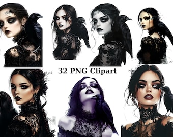 32 Gothic Girls Clipart, Gothic Clipart, PNG individual images on transparent background, sublimation
