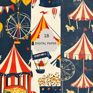 Karneval Digitales Papier Set - 18 Vintage Zirkus und Jahrmarkt Hintergründe mit Zelten, Fahrgeschäften und Popcorn zum Basteln