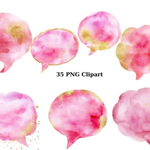 Clipart di fumetti ad acquerello, 35 fumetti PNG rosa e oro, file digitali PNG su sfondo trasparente, sublimazione, uso commerciale