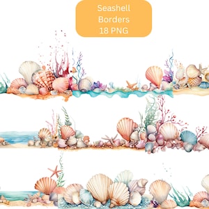 Clipart di bordi di conchiglie dell'acquerello, file digitali PNG su sfondo trasparente, sublimazione, uso commerciale