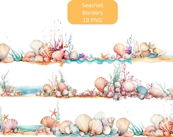 Watercolor Seashell Borders Clipart, PNG digital files on transparent background, sublimation, commercial use