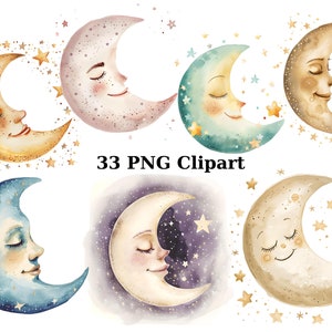 33 Crescent Moons Watercolor Clipart, Whimsical Clipart, PNG individual images on transparent background, sublimation