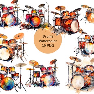 Aquarel Drums Clipart, digitale PNG-bestanden op transparante achtergrond, sublimatie, commercieel gebruik
