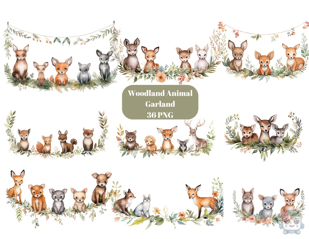 36 Woodland Animal Garlands Watercolor Clipart, Woodland Clipart, PNG ...