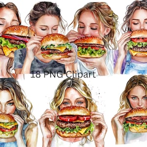 18 Frauen essen Hamburger Aquarell Clipart, PNG Einzelbilder auf transparentem Hintergrund, Sublimation, kommerzielle Nutzung