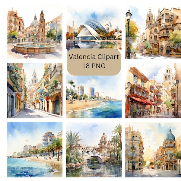 Aquarell-Valencia-Clipart, digitale PNG-Dateien auf transparentem Hintergrund, Sublimation, kommerzielle Nutzung