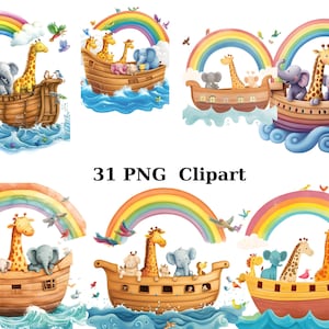 31 imágenes prediseñadas de acuarela de Arcas de Noé, imágenes PNG individuales sobre fondo transparente, sublimación