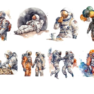 Aquarell Astronauten Clipart, PNG digitale Bilder, transparenter Hintergrund, hohe Qualität, 12x12, kommerzielle Nutzung, sofortiger Download