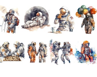 Watercolor Astronauts Clipart, PNG digital images, transparent background, high quality, 12x12, commercial use, instant download