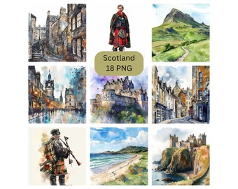 Watercolor Scotland Clipart, PNG individual images on transparent background, sublimation, commercial use