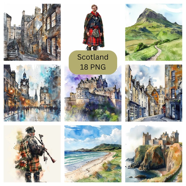Watercolor Scotland Clipart, PNG individual images on transparent background, sublimation, commercial use