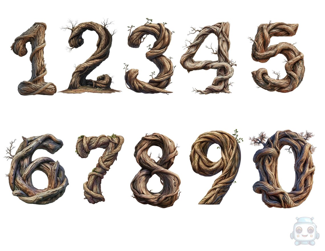 Rustic Wood Numbers PNG Clipart | Tree Bark and Branch Numbers Instant ...