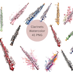 Watercolor Clarinets Clipart, PNG digital files on transparent background, sublimation, commercial use