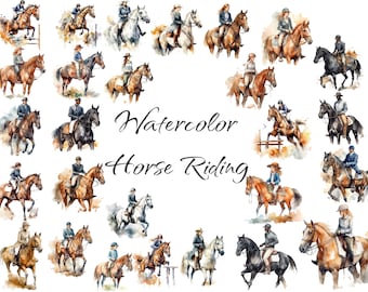 Watercolor Horse Riding Clipart, PNG digital files on transparent background, scrapbook, invitations, commercial use, instant download