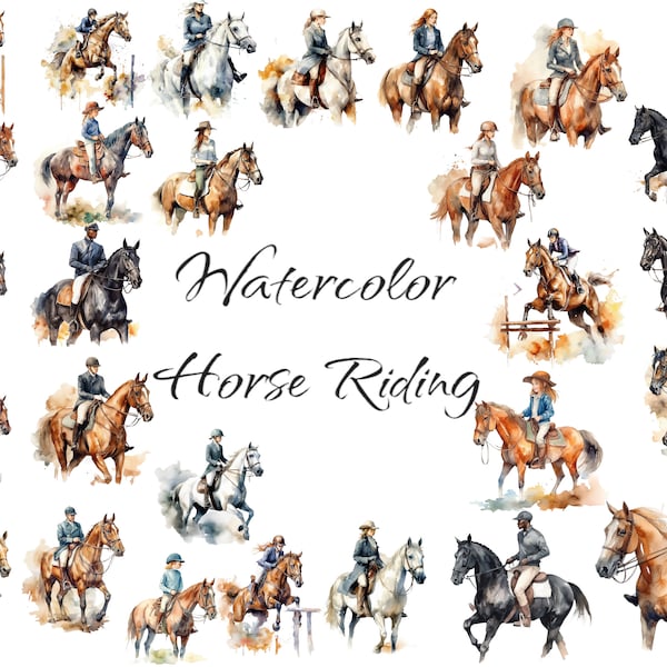 Watercolor Horse Riding Clipart, PNG digital files on transparent background, scrapbook, invitations, commercial use, instant download