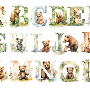 Aquarelle Bear Alphabet en PNG pour un usage commercial téléchargement instantané Haute résolution, 12x12, utilisation commerciale