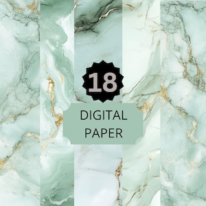 May include: A set of 18 digital papers featuring a green and gold marble pattern. The papers are perfect for creating backgrounds, scrapbooking, and other craft projects.