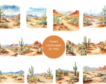 32 Desert Landscapes Watercolor Clipart, Landscape Clipart, PNG individual images on transparent background, sublimation
