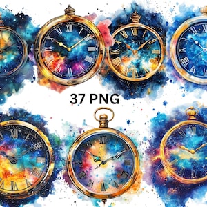 Puede incluir: Cinco relojes de bolsillo de oro con un diseño de galaxia en la esfera. Los relojes tienen marcas de números romanos y se colocan sobre un fondo de acuarela.