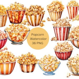 Watercolor Popcorn Clipart, PNG individual images on transparent background, sublimation, commercial use